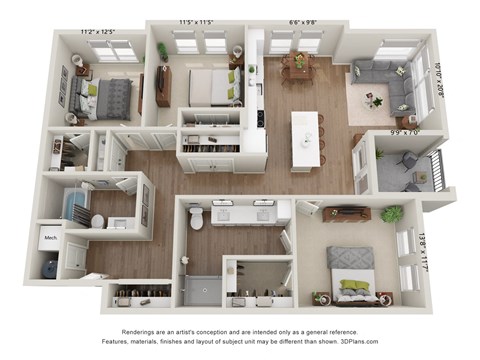 Floor plan for 3 beds, 2 baths, 1502 sqft